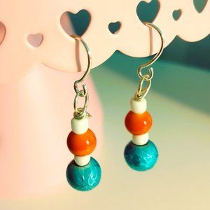 Handmade Beaded Dangle Earrings; Blue Metallic, Orange, and White Beads
